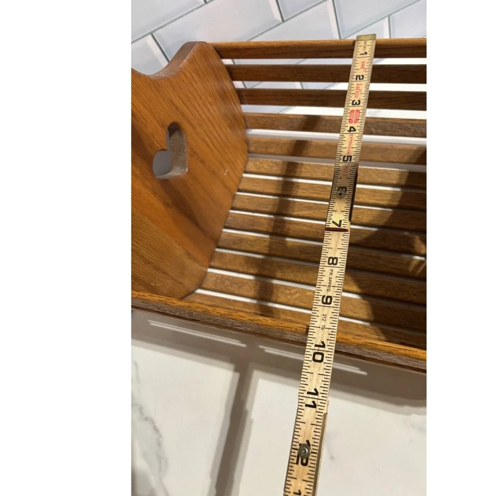 Vintage Oak Wood Slatted Basket Heart Cutouts Spindle Handle Farmhouse Cottage